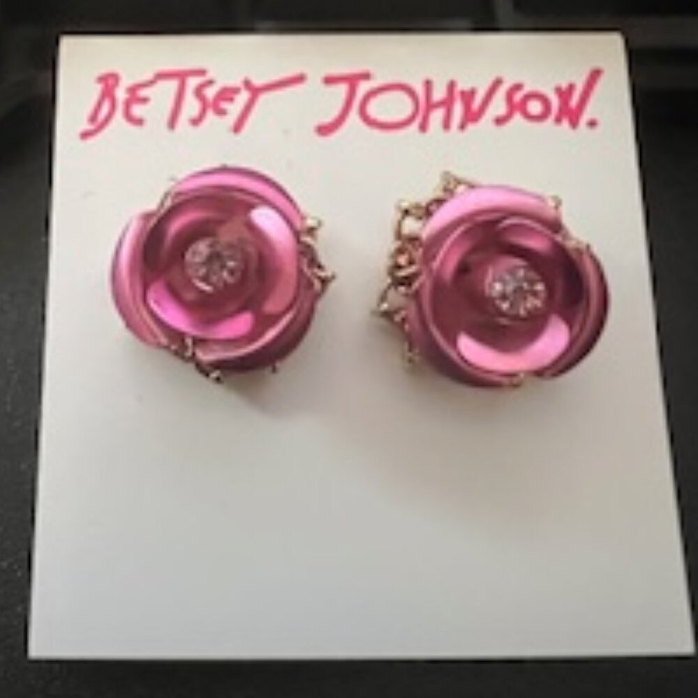 Betsey Johnson Pink/Gold Rose Rhinestone Stud Earrings
